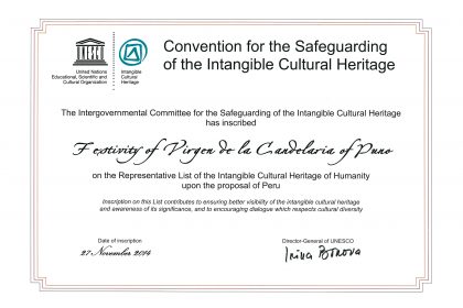 Diploma de la Unesco - Festividad Virgen de la Candelaria | Perú Caporal | perucaporal.com